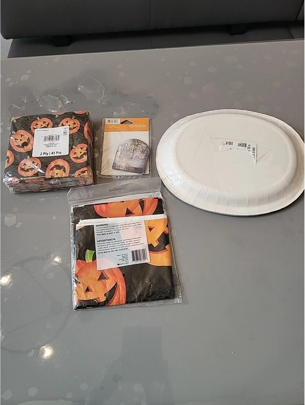Vintage Party Set Lot Halloween Paper Plates, Tomb Names Napkins, Tablecloth NOS